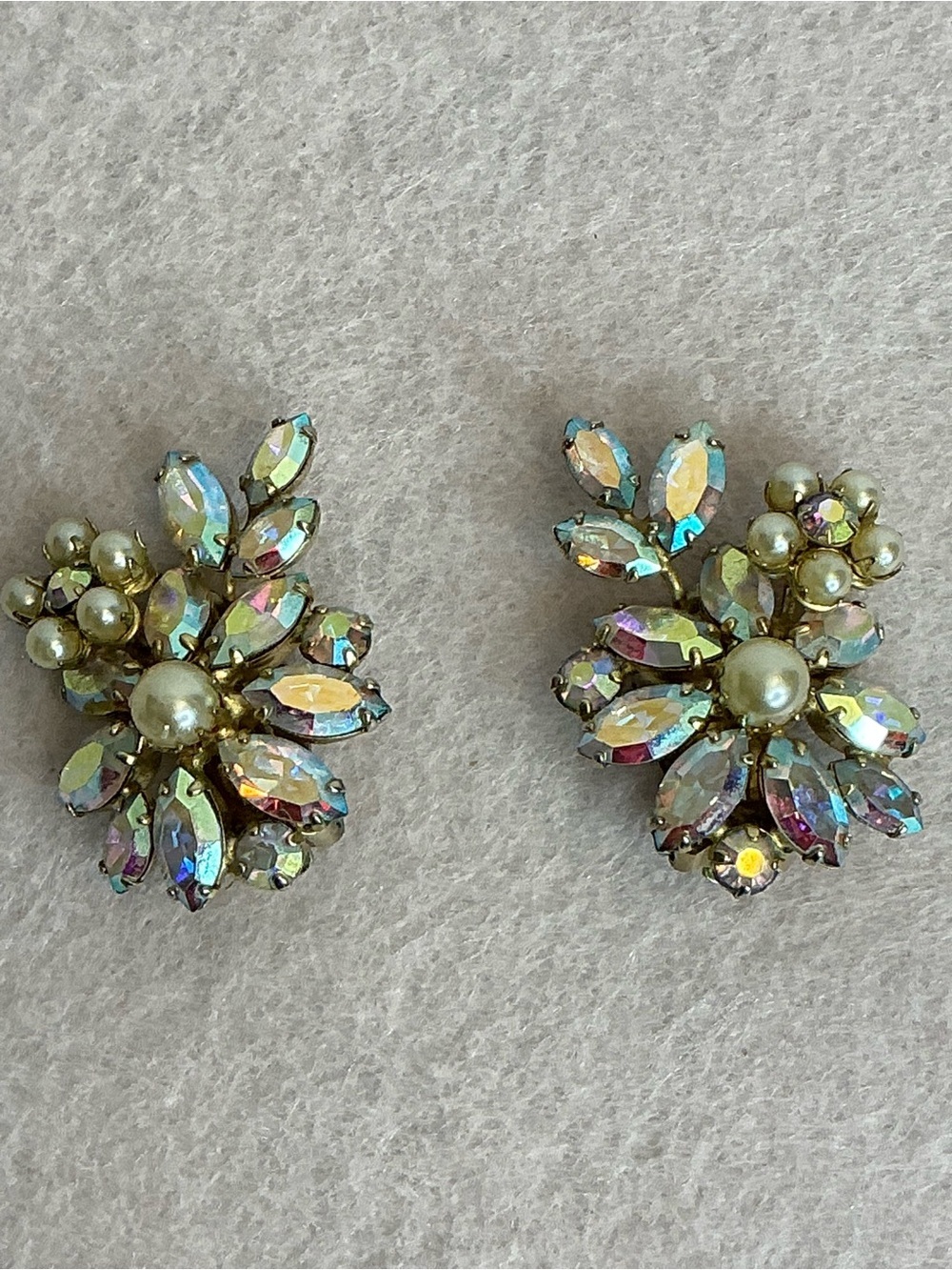 2234 - Sherman Iridescent Crystal and Pearl Floral Clip-On Earrings - Gold Tone